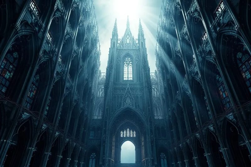 Render 3D de una estructura digital caótica similar a la Torre de Babel