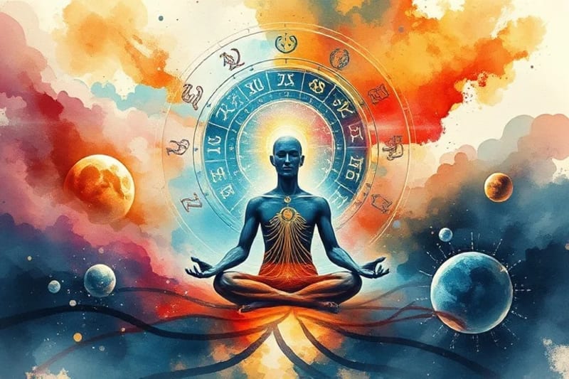 Avatar digital meditando en un entorno de metaverso cósmico, rodeado de representaciones abstractas de conciencia y datos digitales.