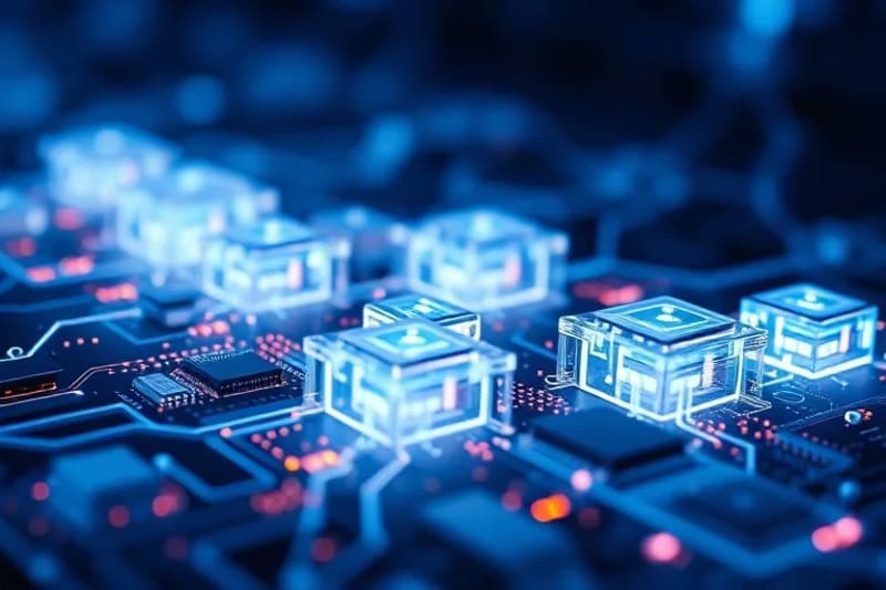 Visualización abstracta de bloques de datos interconectados y translúcidos, iluminados desde dentro, simbolizando la transparencia y la auditabilidad de los datos en sistemas de IA.