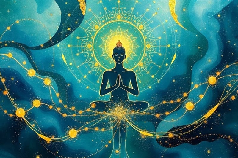 Figura meditando rodeada de patrones de luz digital y símbolos espirituales, representando la fusión de conciencia y tecnología.