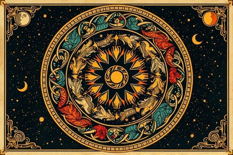 Una espiral intrincada que simboliza el ciclo anual, con segmentos distintos para cada estación y elementos como un sol, hojas cayendo, nieve y flores. El fondo es cósmico con símbolos lunares y solares.