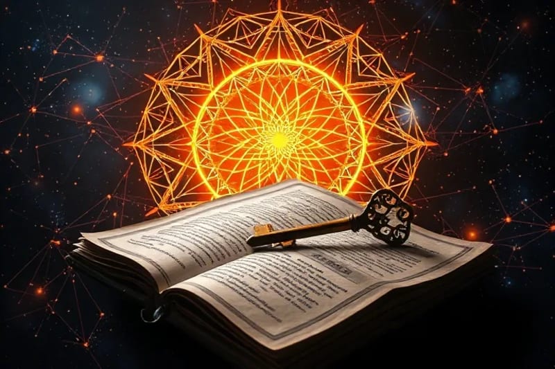 Stylized neural network woven around a dream journal with a key, symbolizing unlocking subconscious secrets.