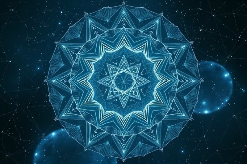 Fragmented, translucent geometric shapes floating in a digital void, representing dream symbols connected by an algorithmic current.