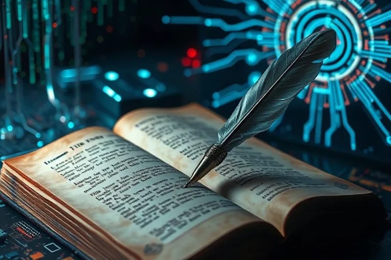 Pluma antigua y libro abierto sobre una mesa, con proyecciones holográficas de circuitos.