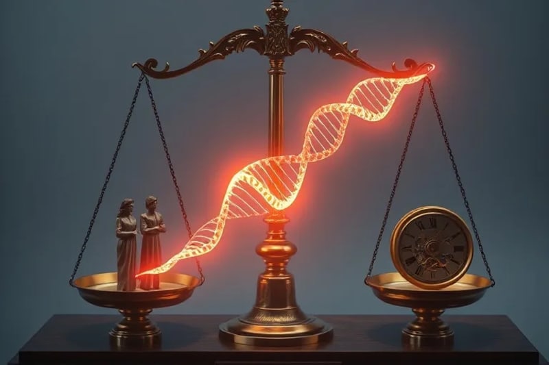 Escala de la justicia equilibrando una hebra de ADN brillante con mecanismos de relojería y figuras humanas abstractas, simbolizando el delicado equilibrio entre el progreso científico y las consideraciones éticas en la edición genética.
