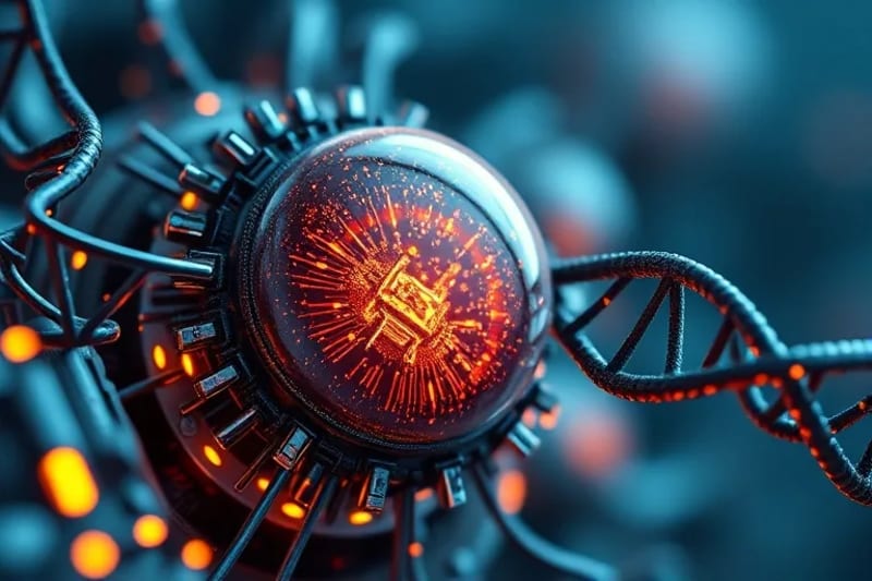 Microfotografía de una célula humana con nanopartículas interactuando con el ADN, en un entorno de laboratorio futurista, simbolizando la precisión de la bioingeniería genética en la regeneración celular.