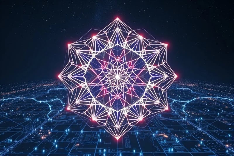 Red de datos y energía sobre un mapa urbano holográfico