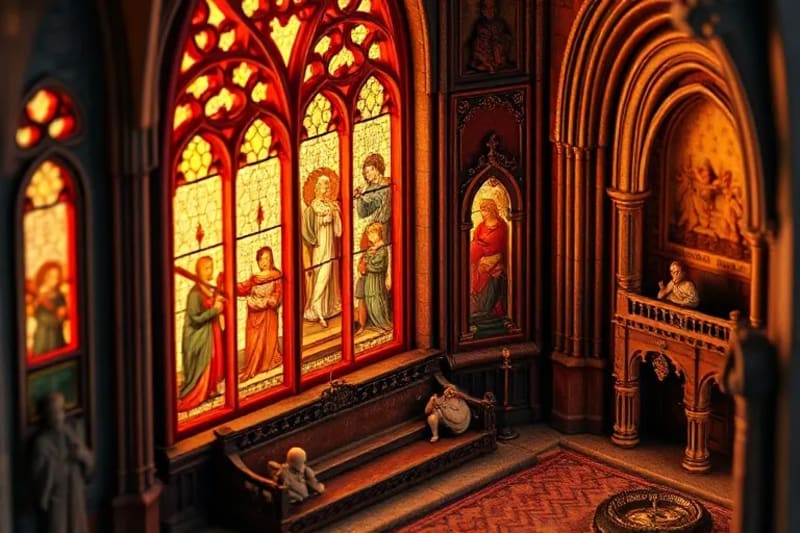 Detalle de vidriera gótica con figuras simbólicas y colores vibrantes