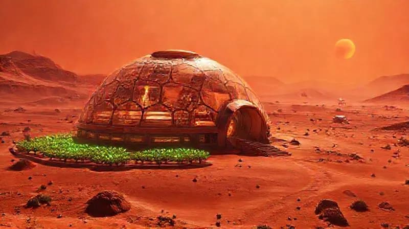 Conceptual Mars colony habitat with advanced life support