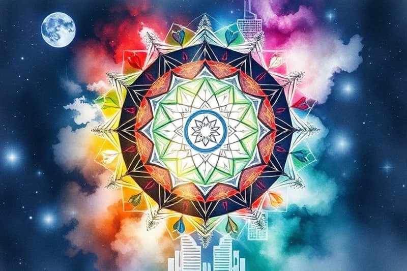 A watercolor painting depicting the harmonious interaction of the five Feng Shui elements within an urban blueprint, showing balanced energy flow.