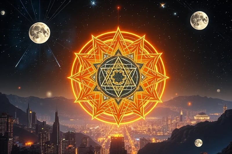 A 3D render of a celestial sphere with 28 glowing Lunar Mansions, influencing a miniature futuristic urban landscape with light beams connecting structures.