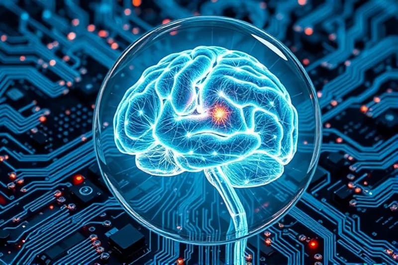 Representación abstracta de la conciencia artificial como una estructura cerebral luminosa dentro de una esfera de cristal, rodeada de redes de datos etéreas.