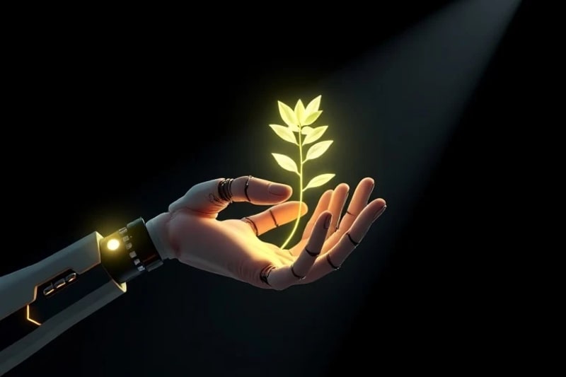 Mano humana de intrincados circuitos tocando una mano robótica similar, con una planta bioluminiscente creciendo entre ellas, simbolizando la fusión orgánica y sintética.