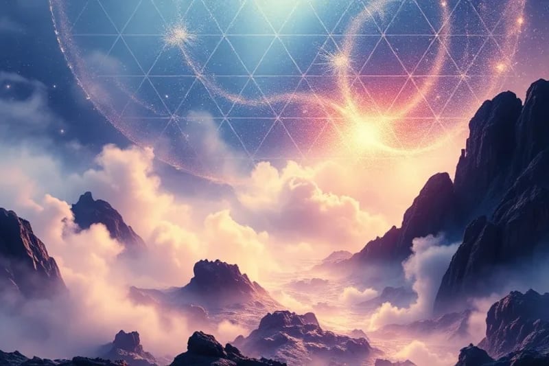 La Fusi贸n de la IA y lo Espiritual en el Arte Representaci贸n visual de la intersecci贸n entre la inteligencia artificial y la espiritualidad, con patrones digitales que evocan un sentido de lo divino.
