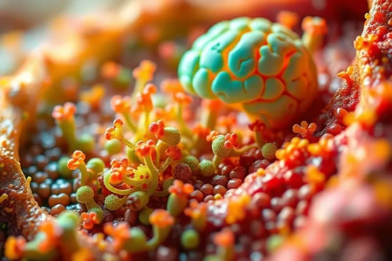 Artistic depiction of a thriving, diverse gut microbiome with beneficial bacteria, linked to a calm, healthy brain.