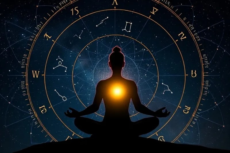 Silueta de una persona meditando, conectada energéticamente a constelaciones, simbolizando la sabiduría ancestral.