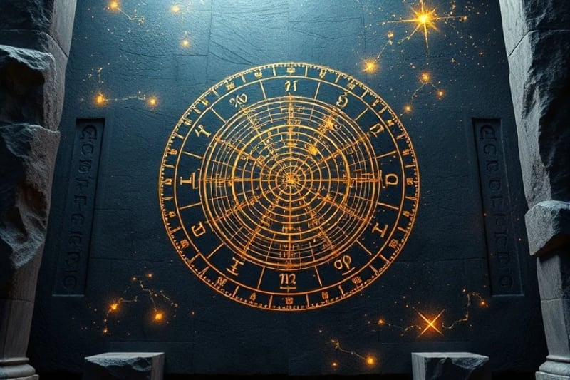 Antiguas tablillas y pergaminos con cartas astrales y patrones neuronales, fusionando ciencia y sabiduría ancestral.