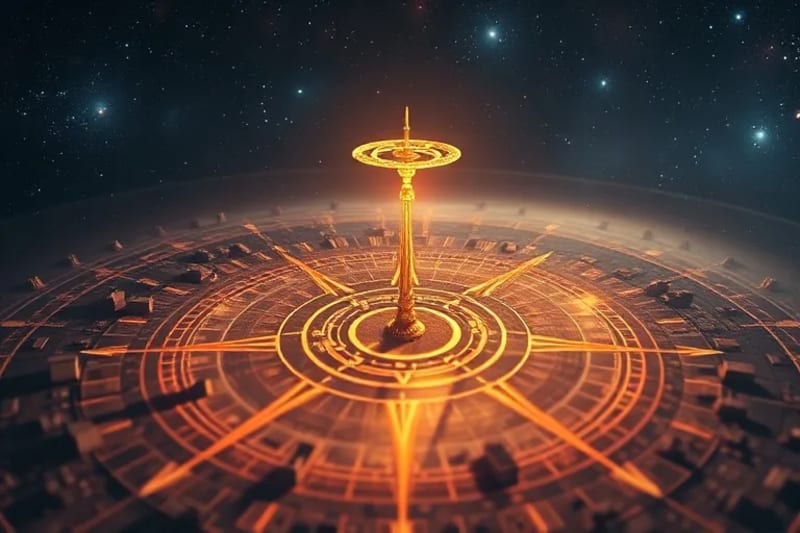 Ancient architectural tools with holographic city projection