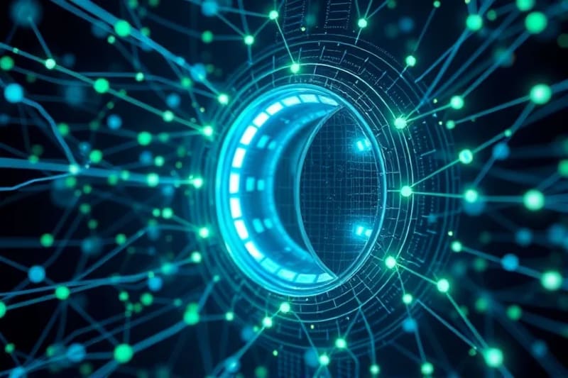 Visualización abstracta de una red neuronal o sistema de IA, con nodos brillantes y conexiones intrincadas, formando un escudo protector alrededor de datos financieros seguros.