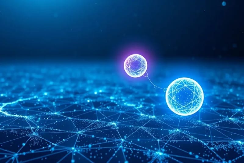 Representación abstracta de la computación cuántica, con partículas entrelazadas y brillantes influenciándose mutuamente, y símbolos de candados rotos y datos cifrados en el fondo.