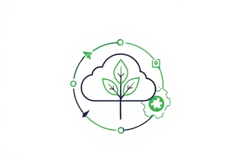 Vector art illustration of interconnected gears, leaves, and cloud icons forming a circular pattern.