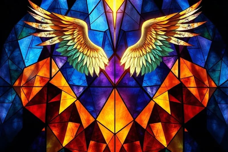 Pintura digital de una red global de naciones interconectadas, con alas angelicales etéreas sobrevolando, simbolizando guía