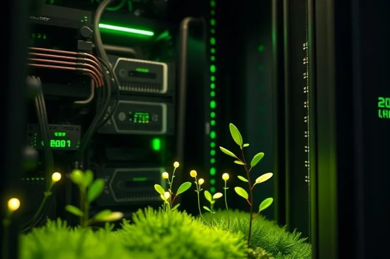 3D render of a server rack with green glowing circuits, surrounded by small, thriving plants.