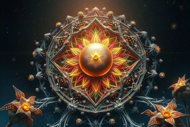 Conceptual cosmic garden with symbols of creation and rebirth