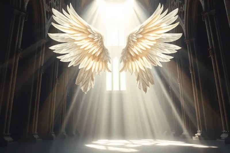Escudo de luz con alas angélicas, repeliendo símbolos digitales oscuros y siluetas humanas indistintas, en un estilo de pintura digital.
