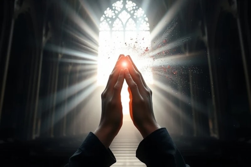 Manos unidas en oración, irradiando luz y disipando símbolos digitales fragmentados y oscuros, en un render 3D abstracto.