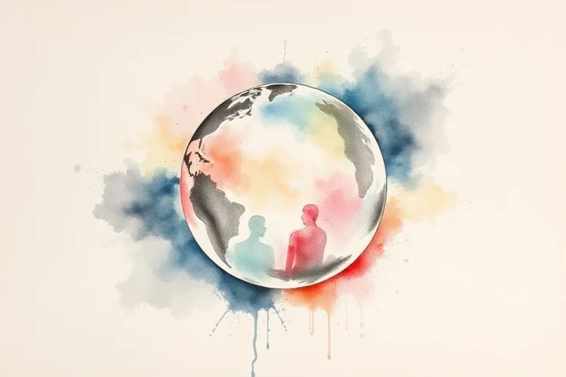 Watercolor art of sound waves healing abstract human forms