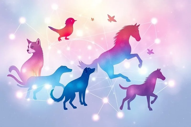 Pintura de acuarela de animales interconectados por hilos de luz