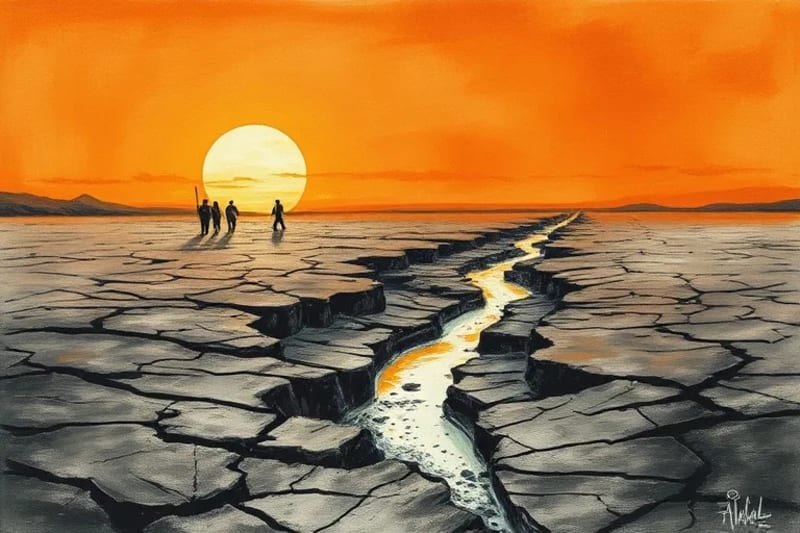 Oil painting of a parched riverbed under a harsh sky, symbolizing water scarcity