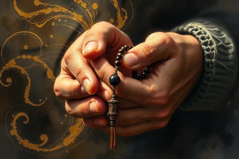 Manos envejecidas sosteniendo un rosario de madera, simbolizando la oración constante y el sacrificio diario.