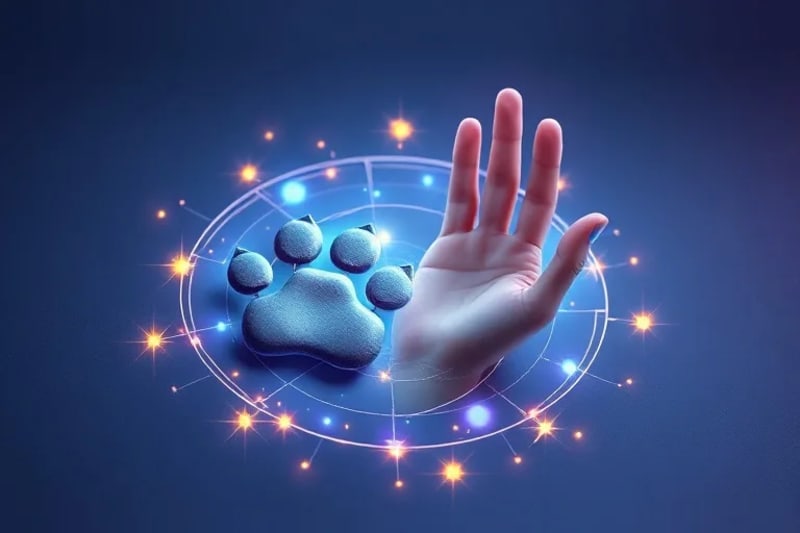 Una representación artística de hilos entrelazados de destino, formando un campo de energía sutil alrededor de una huella de pata y una mano humana, con colores suaves de azules, morados y dorados.