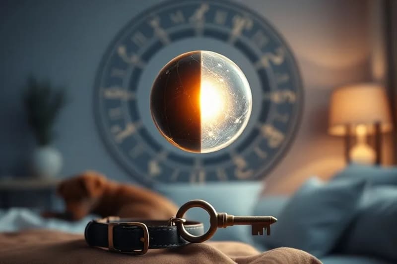 Una esfera celestial en miniatura, brillante y dividida en dos (Nodo Sur oscuro y Nodo Norte claro), flotando sobre un collar de mascota y una llave antigua, con un fondo difuminado que sugiere un entorno doméstico.