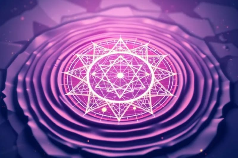 Geometric patterns emerging from ripples on a liquid surface, illuminated by soft, pulsating light.