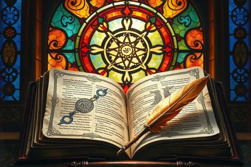 Antique grimoire open to a page with a hand-drawn, glowing sigil, beside a quill and a humming crystal.