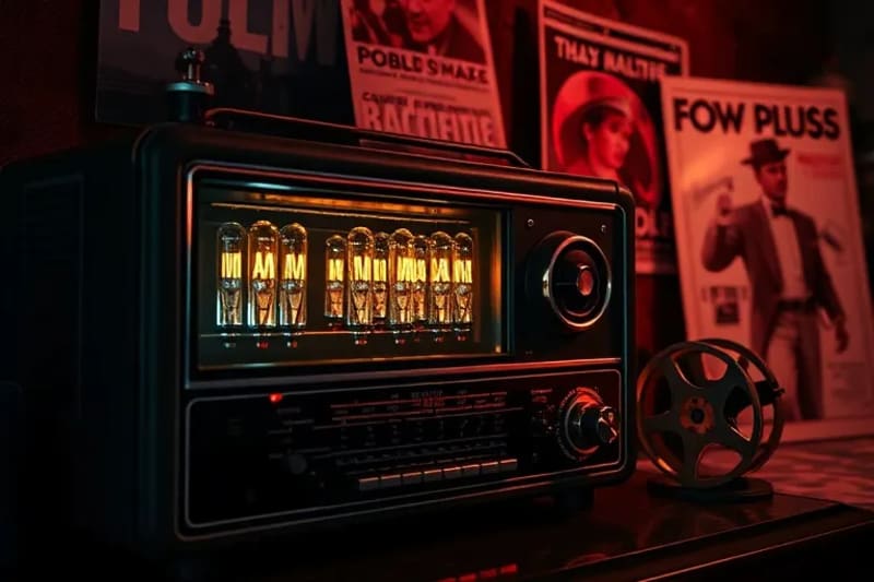 Bodegón conceptual que fusiona la tecnología de radio antigua con elementos del cine clásico, simbolizando su doble legado.