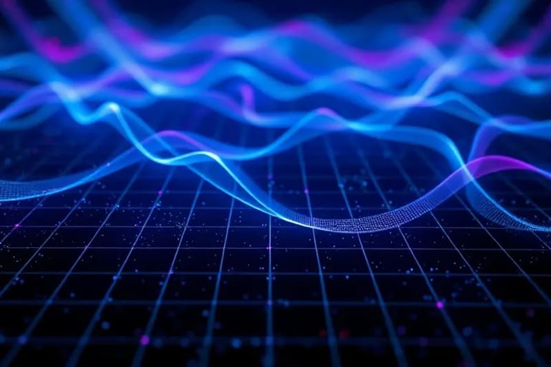 Representación abstracta de la tecnología de salto de frecuencia, con ondas entrelazadas y un patrón de cuadrícula que evoca la innovación.