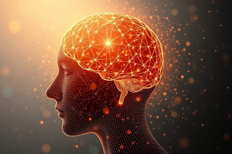 Cabeza estilizada con patrones de canto gregoriano y neurales