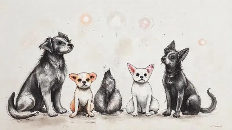 Pintura acuarela de diferentes mascotas (gato, perro, pájaro) rodeadas de auras de colores suaves y símbolos planetarios, evocando bienestar y armonía.