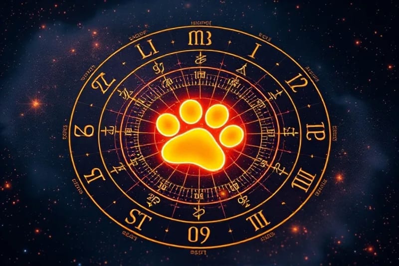 Representación 3D de una carta astral detallada para una mascota, con símbolos planetarios y zodiacales, sobre un fondo cósmico abstracto.