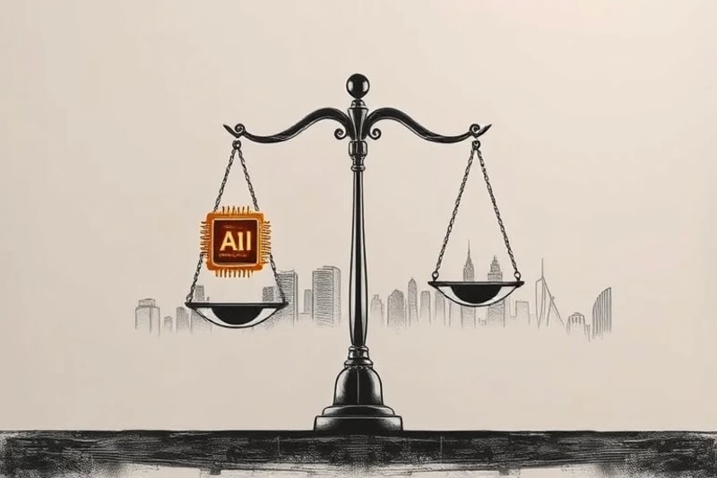A delicate balance scale with an AI chip on one side and ancient legal texts on the other, surrounded by digital code, symbolizing the ethical challenges of AI governance.