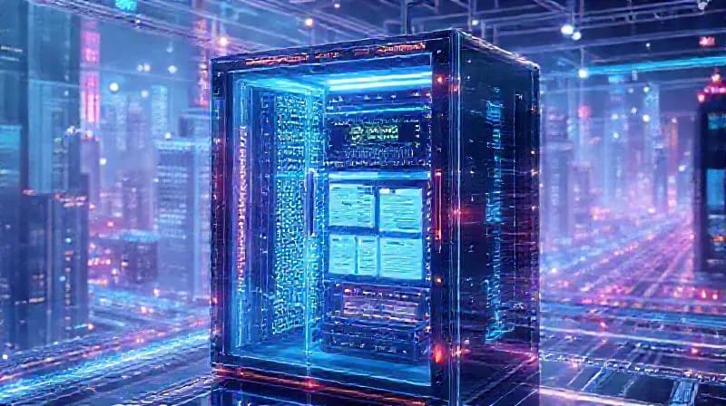 A futuristic, transparent data server rack with glowing circuits and holographic projections of policy documents, set against a backdrop of interconnected city infrastructure, symbolizing advanced governance.