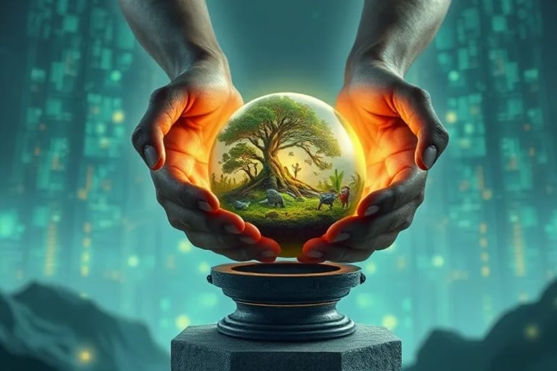 Manos humanas sosteniendo un micro-ecosistema esférico, rodeado de elementos tecnológicos abstractos.