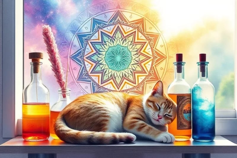 Botellas de elixires vibracionales alrededor de un animal dormido, en un estilo acuarela.