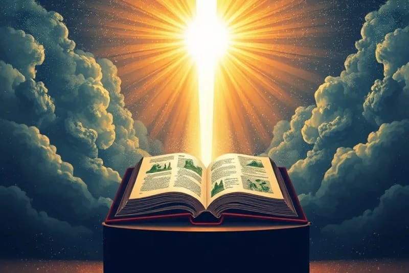 Haz de luz emergiendo de un libro abierto, transformando nubes oscuras en símbolos de energía limpia y naturaleza restaurada.