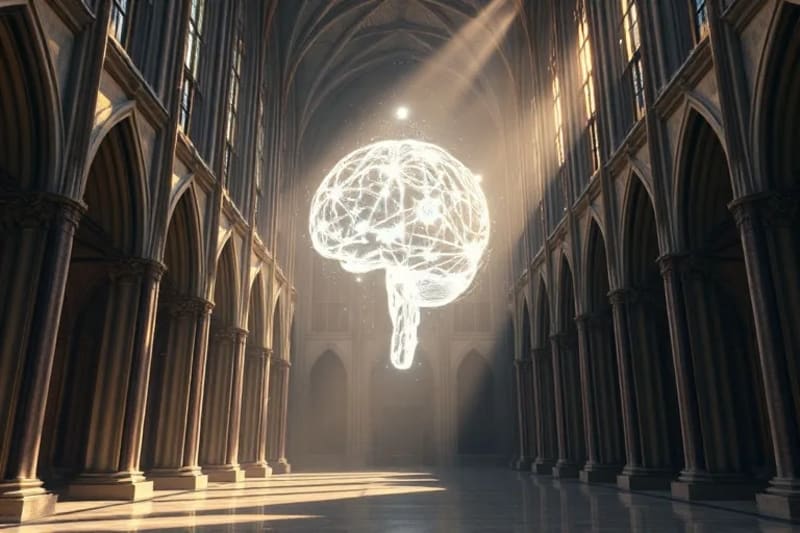 Representación digital de una red neuronal humana interactuando con campos cuánticos abstractos, simbolizando la conexión mente-materia.