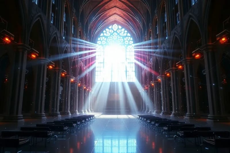 Representación abstracta de un futuro donde la tecnología y la espiritualidad se entrelazan, con patrones cuánticos y estructuras futuristas.